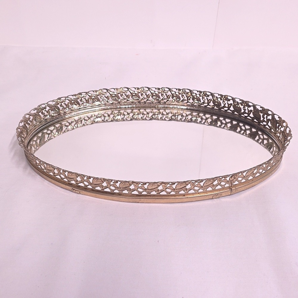Vintage Vanity Tray Gold Oval Mirrored Filigree Ornate Hollywood Regency